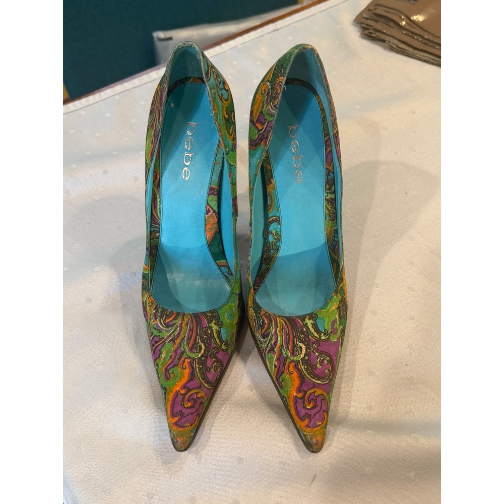 Bebe Vintage Teal Paisley Stiletto Pumps Pointed Toe Retro Y2K Heels